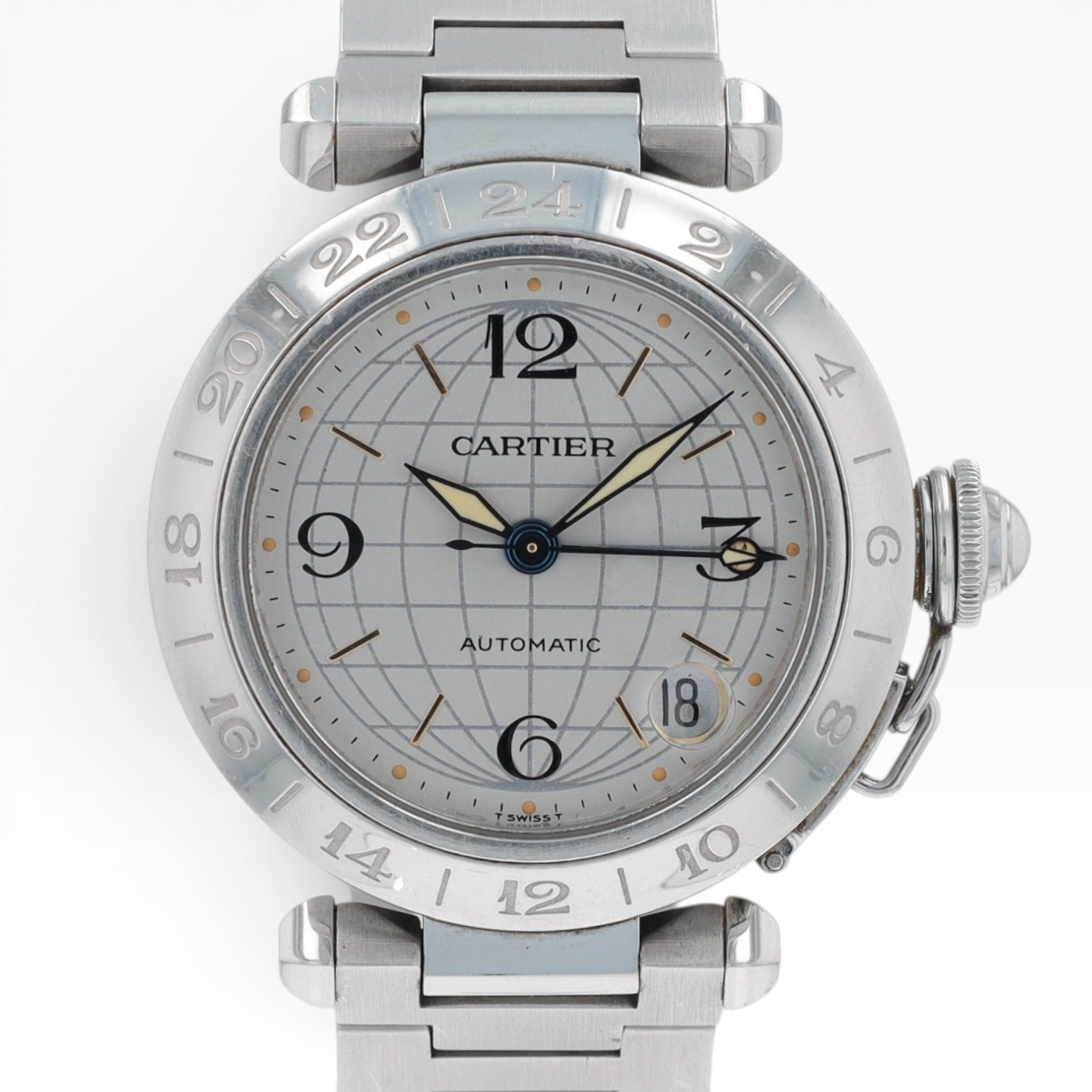 Cartier Pasha Stainless Steel 2377 Gmt Bezel Silver Dial Automatic Watch